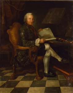 Isaac Egmont von Chasot aan zijn bureau (met de fluit van Frederik de Grote), 1750
